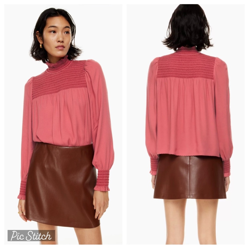 Aritzia Wilfred Coral Red Nessie Smocked Mock Neck Blouse Small Dressy Fall